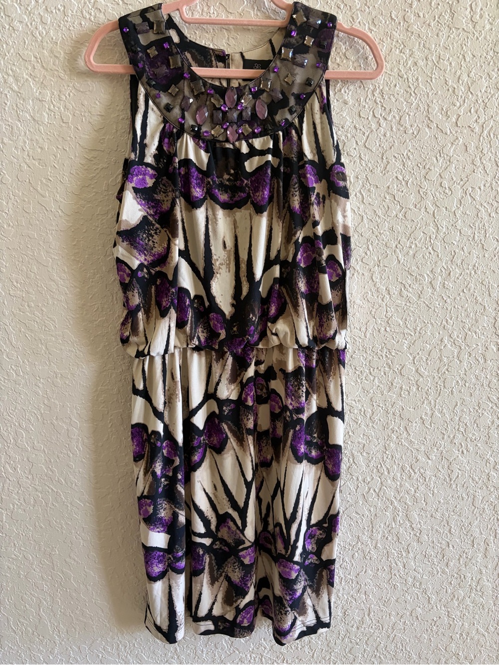 Embellished Purple Floral Print Sleeveless Dress